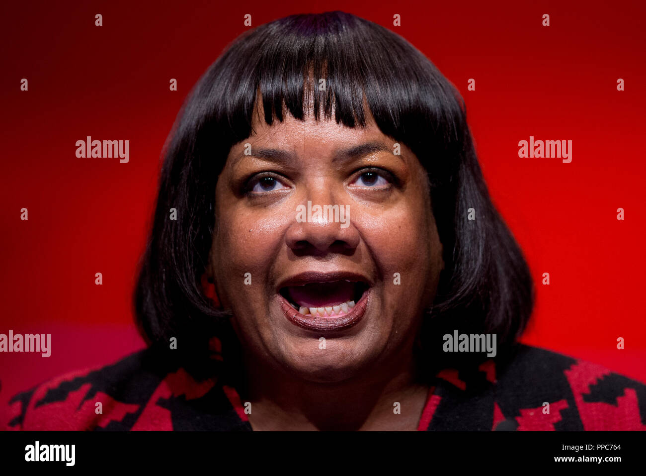 Liverpool, UK. 25th September 2018. Diane Abbott, Shadow Secretary of State for the Home Department and Labour MP for Hackney North and Stoke Newington speaks at the Labour Party Conference in Liverpool. © Russell Hart/Alamy Live News. Stock Photo