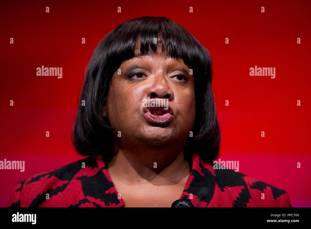 Liverpool, UK. 25th September 2018. Diane Abbott, Shadow Secretary of State for the Home Department and Labour MP for Hackney North and Stoke Newington speaks at the Labour Party Conference in Liverpool. © Russell Hart/Alamy Live News. Stock Photo