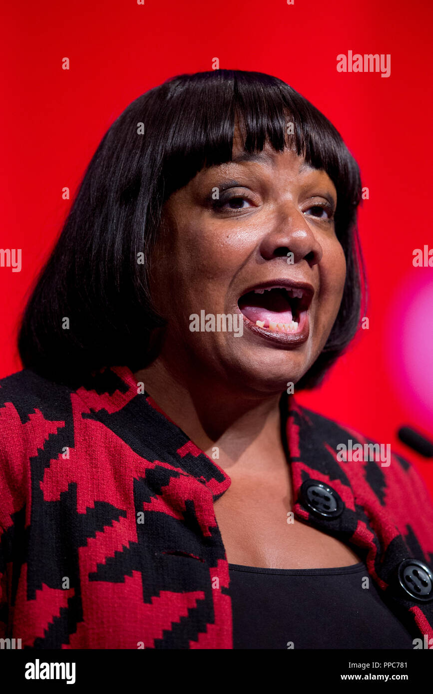 Liverpool, UK. 25th September 2018. Diane Abbott, Shadow Secretary of State for the Home Department and Labour MP for Hackney North and Stoke Newington speaks at the Labour Party Conference in Liverpool. © Russell Hart/Alamy Live News. Stock Photo