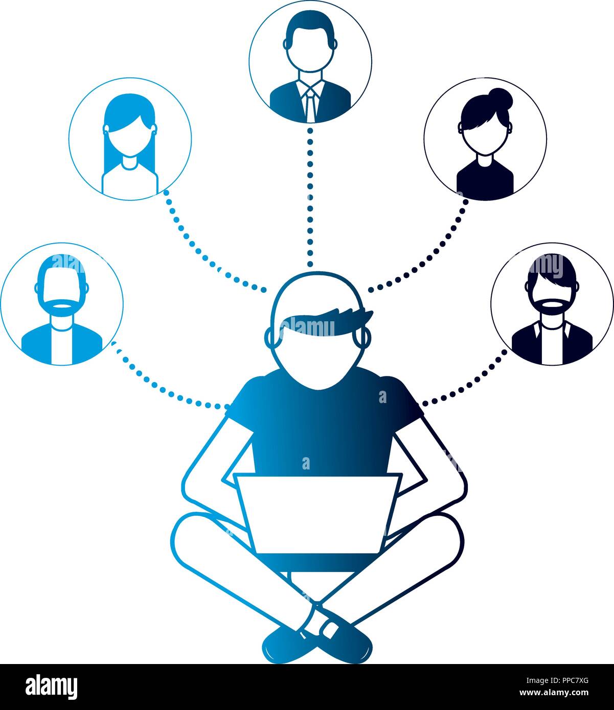 man using laptop connection group people vector illustration neon Stock ...