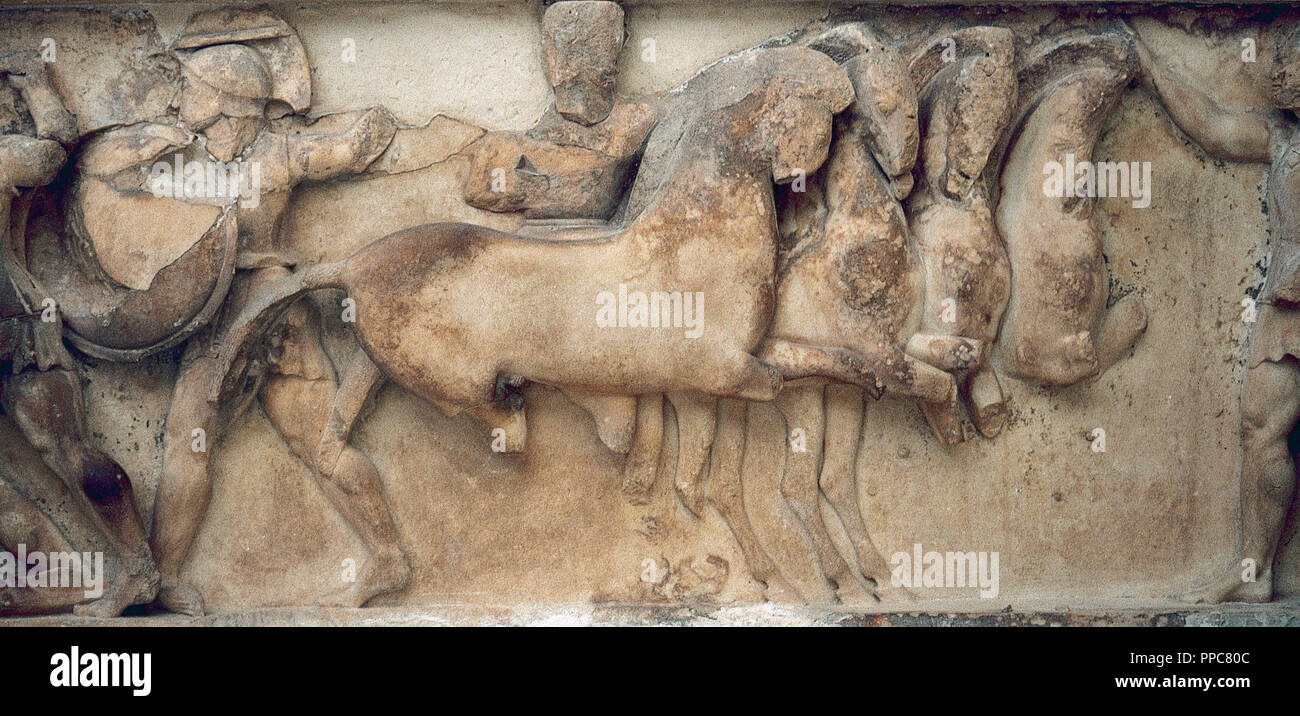 Siphnian Treasury. 530 BC. Relief depicting a scene of Troy War. Ajax and Achilles fighting Aeneas and Memnon. Archaeological Museum. Delphi. Greece. Stock Photo