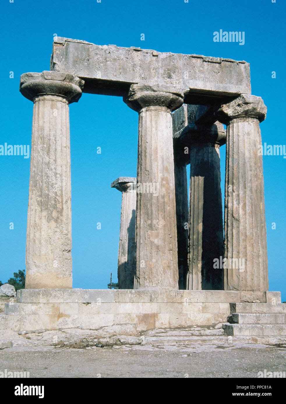 Greek art. Greece. Temple of Apollo. Doric. Built in 550 B.C. Corinth. Stock Photo