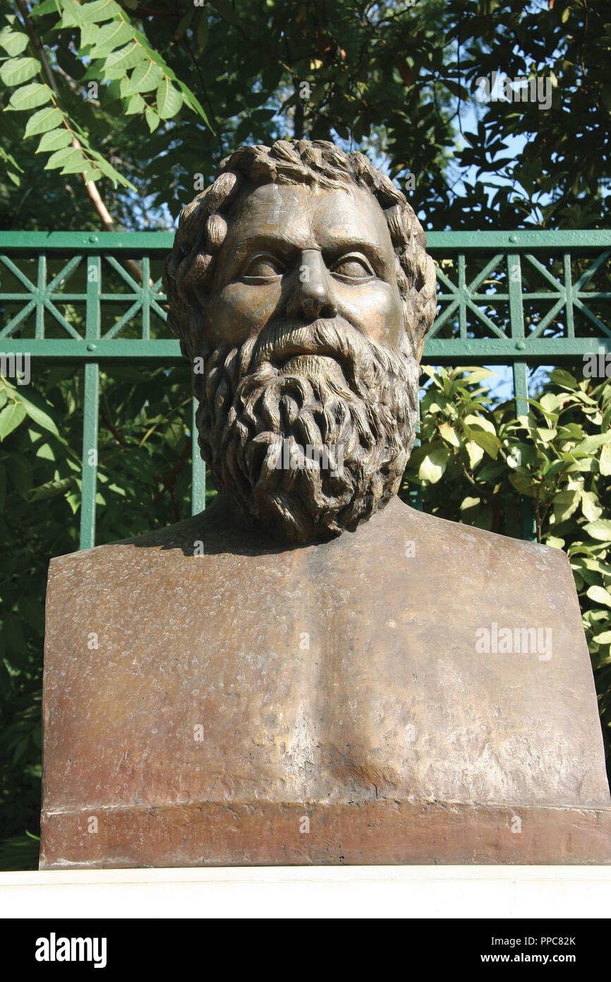 Sophocles (496-406). Was one of the three great tragedians of Classical Athens. Bust contemporary of Sophocles. Athens. Central Greece. Attica. Europe. Stock Photo