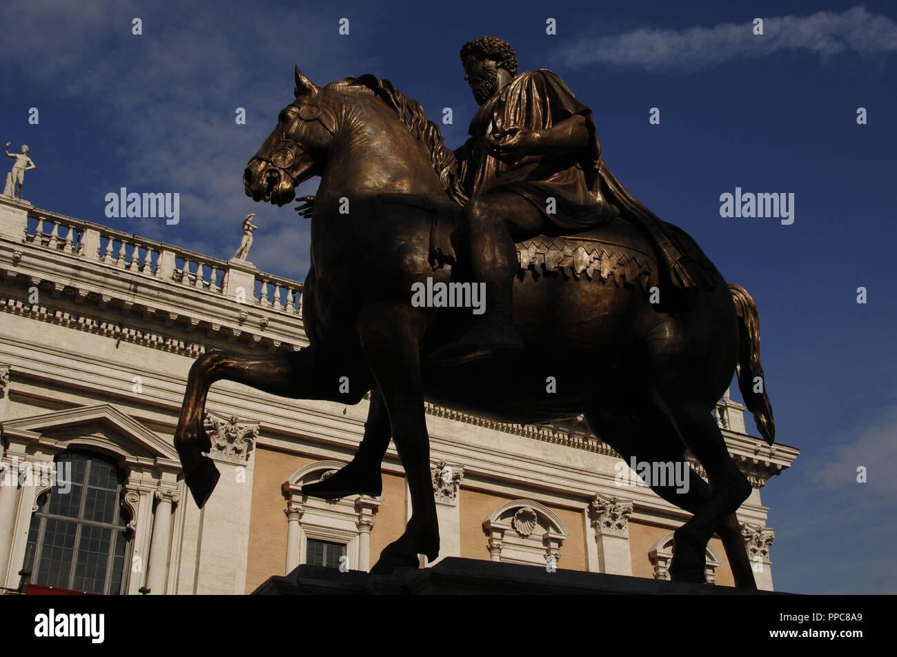 Equestrian statue of roman Emperor Marcus Aurelius (121-180). Antonine Dynasty. Copy of a Roman original. Campidoglio square. Rome. Italy. Stock Photo