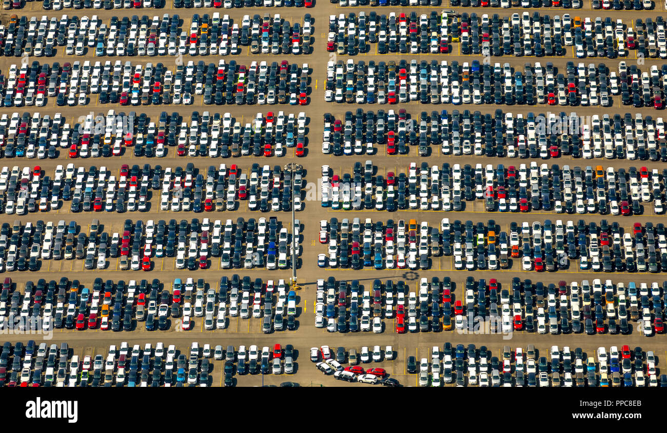 Aerial view, Parking lot with passenger car, Port of Duisburg, logistics location Logport 1, Contailerhafen, Rheinhausen Stock Photo