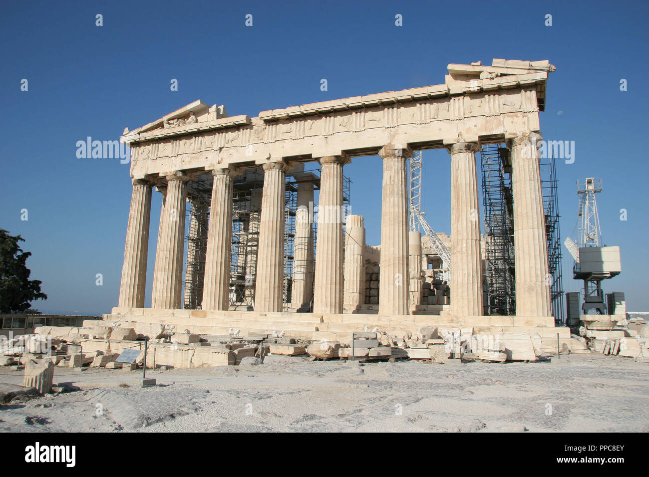 Greek Art. Parthenon. Was built between 447-438 BC. in Doric style under leadership of Pericles. The building was designed by the architects Ictinos and Callicrates. Acropolis. Athens. Attica. Central Greek. Europe. Stock Photo