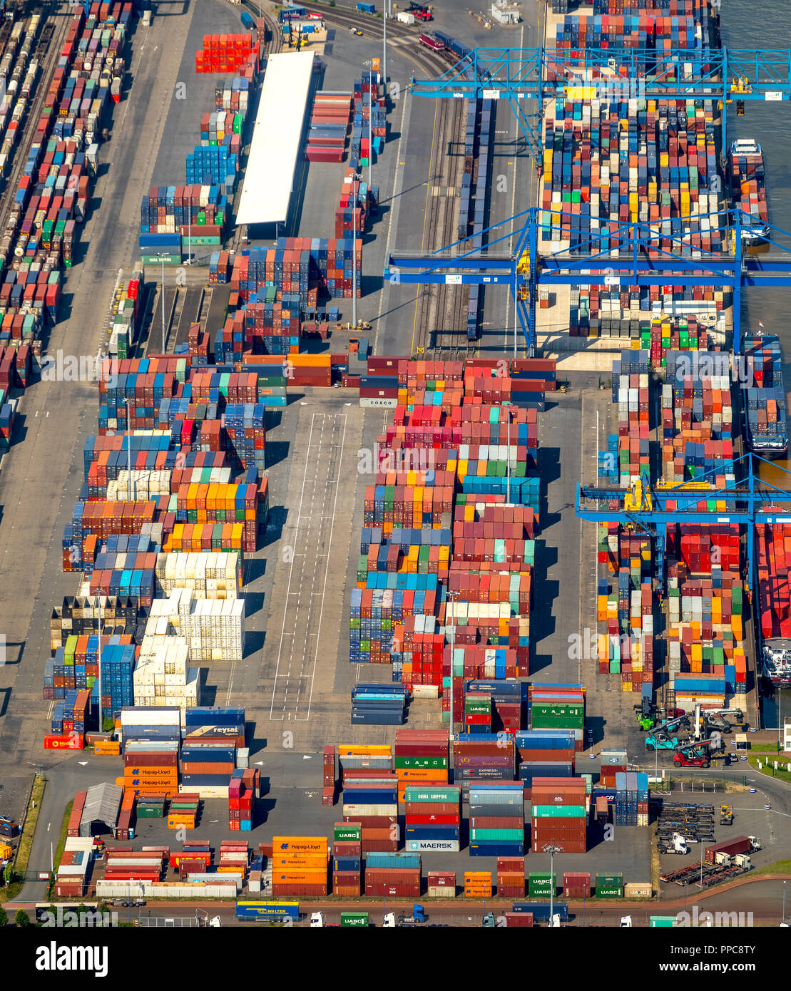 Aerial view, Container at the Duisburg harbor on the Rhine, logistic location Logport 1, container port, Rheinhausen, Duisburg Stock Photo