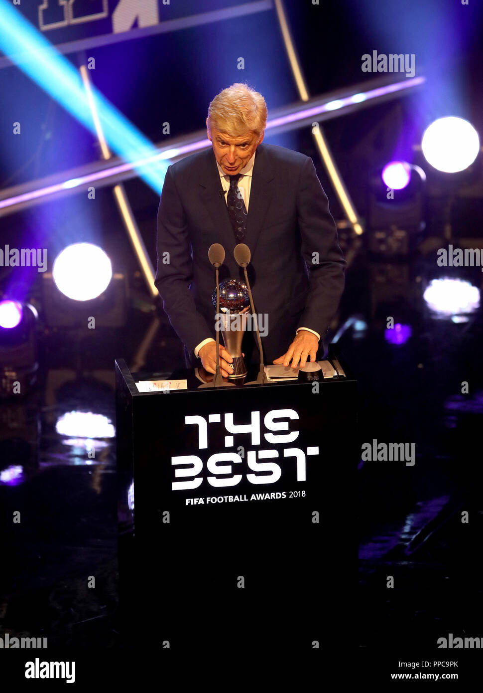 Arsene Wenger on stage presenting The Best FIFA Men's Coach Award during the Best FIFA Football Awards 2018 at the Royal Festival Hall, London. PRESS ASSOCIATION Photo. Picture date: Monday September 24, 2018. See PA story SOCCER Awards. Photo credit should read: Tim Goode/PA Wire Stock Photo