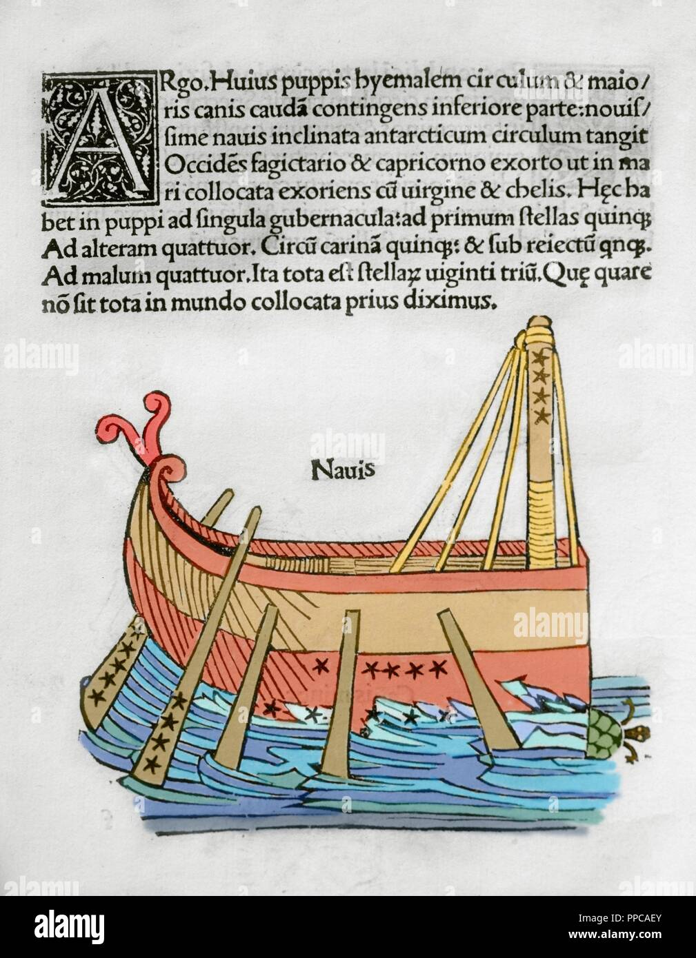Argo Navis. Mythological interpretation of the constellation of the Southern Hemisphere, represented by the ship Argo, used by Jason and the Argonauts to retrieve the Golden Fleece. Engraving in Poeticon Astronomicon, by Gaius Julius Hyginus (ca.64 BC-17 AD). Edited in Venice, 1485. Incunable. Colored. Stock Photo