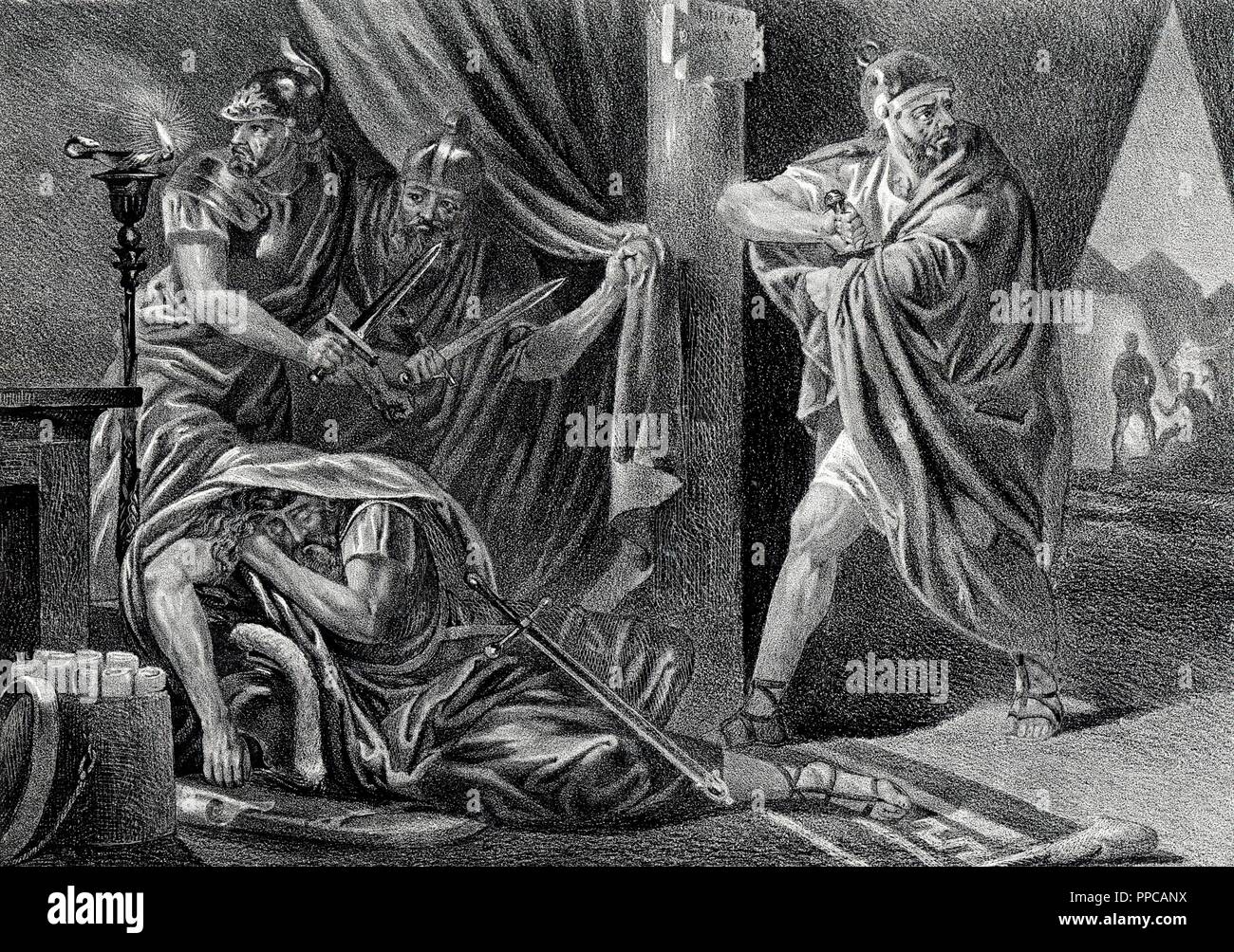 Historia. Muerte del caudillo Viriato (?-139 a C.) asesinado por tres parlamentarios españoles en el año 139 a. C. Grabado de 1871. Stock Photo