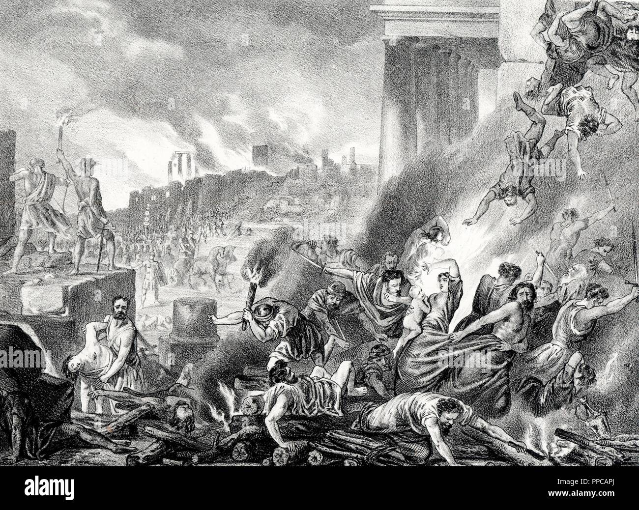 Historia. Fin del asedio a la ciudad de Numancia con la derrota de los numantinos en el año 132 a. C. Grabado de 1871. Stock Photo