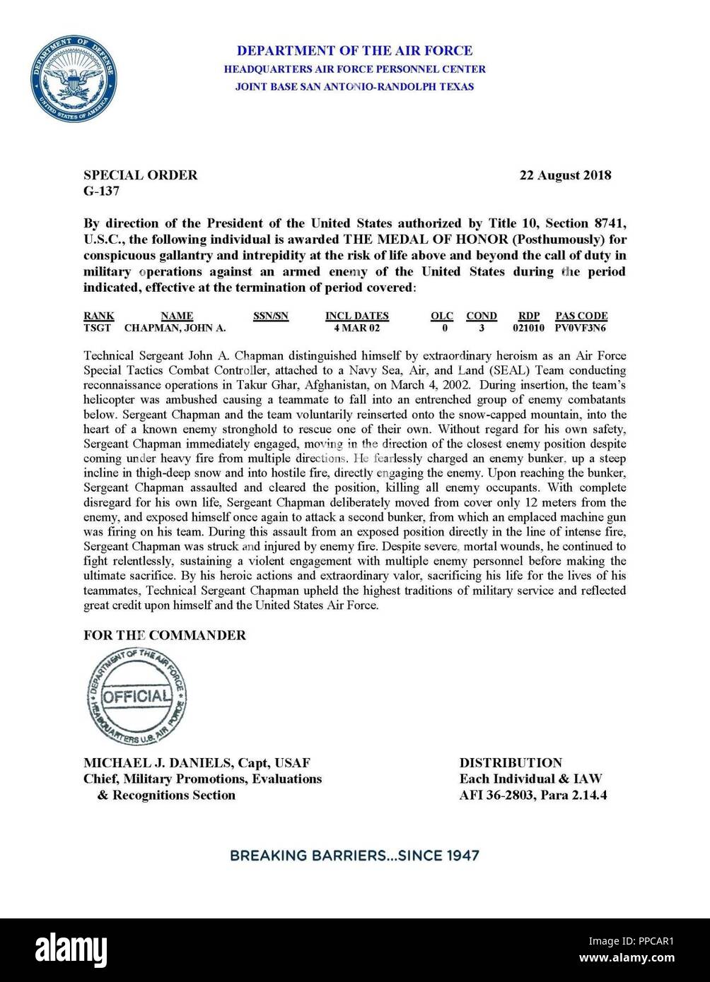 Official Citation Tech Sgt John A Chapman Medal Of Honor Page 1 Of 2 Stock Photo Alamy Official Citation Tech Sgt John A Chapman Medal Of Honor Page 1 Of 2 Stock Photo Alamy