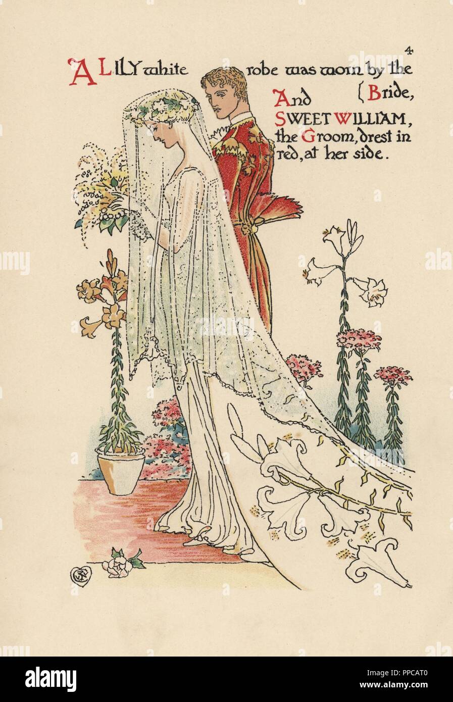 Flower fairies symbolizing a white lily, Lilium candidum, in wedding dress and veil, and sweet william, Dianthus barbatus, as the groom. Chromolithograph after an illustration by Walter Crane from A Flower Wedding, Cassell, London, 1905. Stock Photo