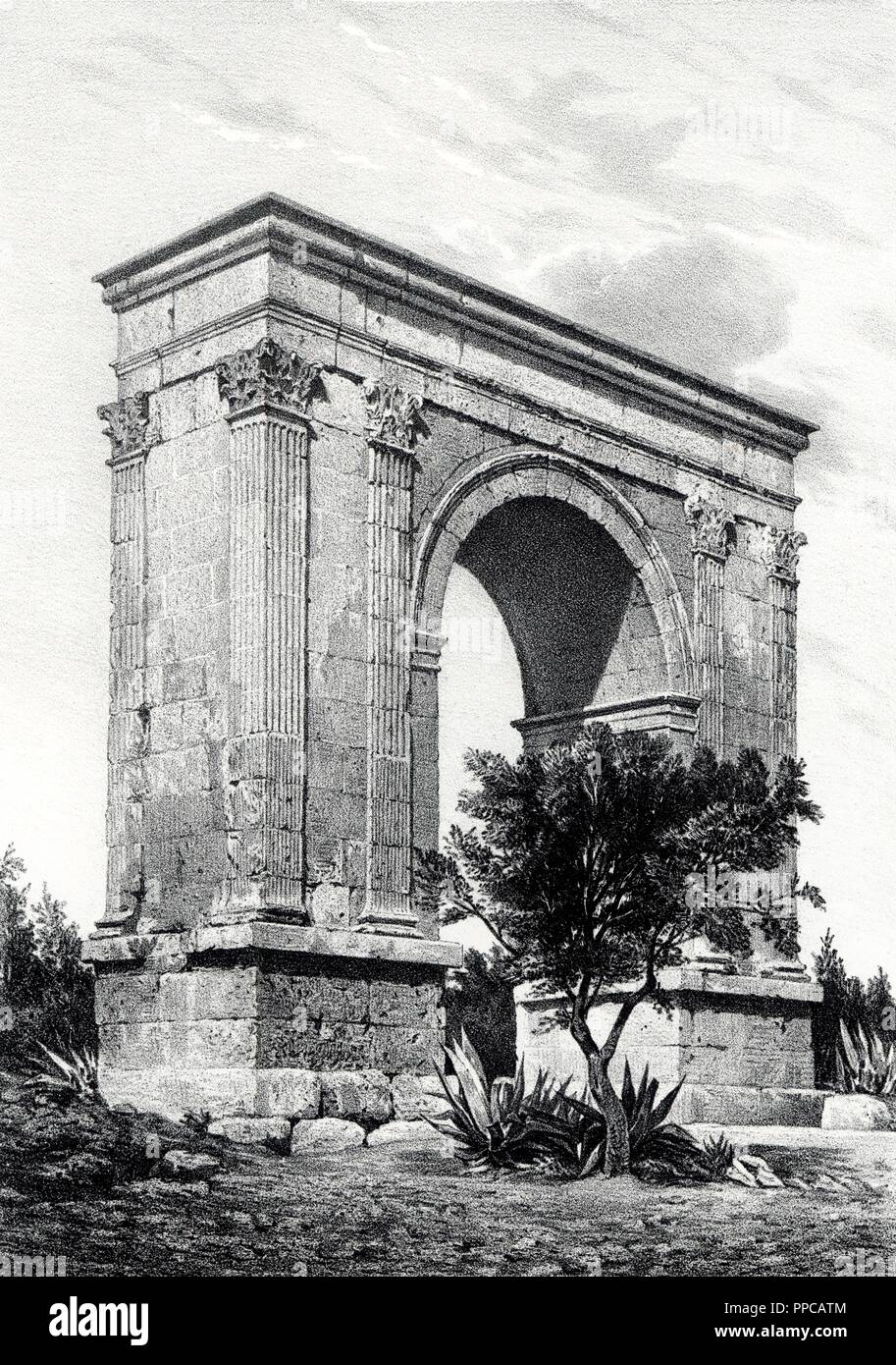 Historia. Arco de triunfo romano de Barà construido en Tarragona por Augusto el siglo i a. C.. Grabado de 1871. Stock Photo