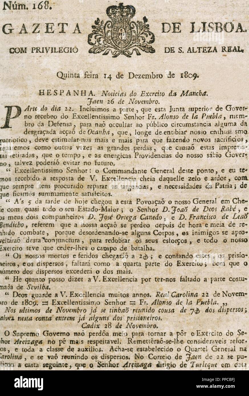 Gazeta de Lisboa. Portuguese political newspaper, 1715-1820. Historical context of Peninsular War, 1808-1814. Number 168. December 14, 1809. Stock Photo