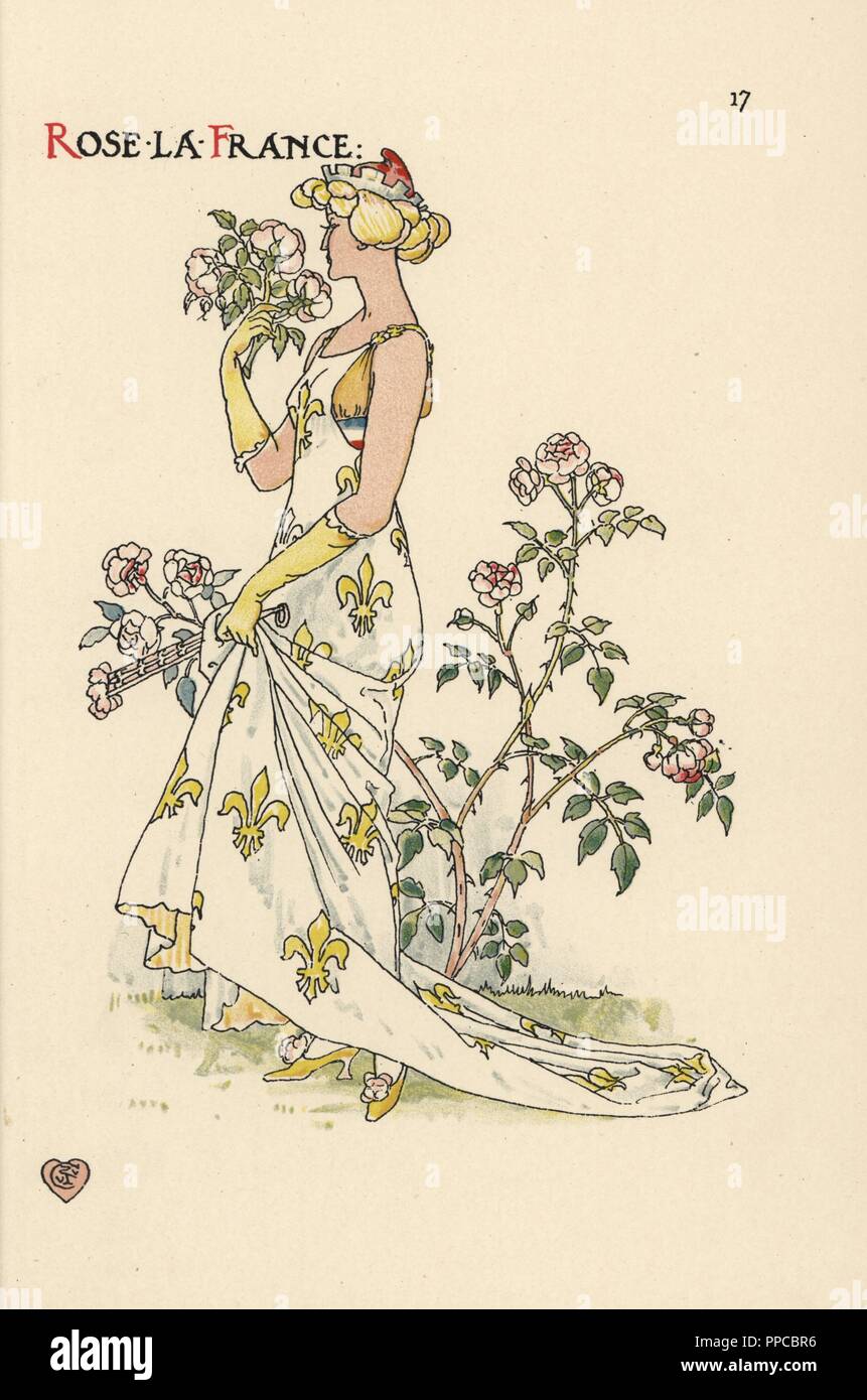 Flower fairy of rose la france or Provence rose, Rosa × centifolia, with crown, bouquet of roses, dress decorated with fleurs-de-lis. Chromolithograph after an illustration by Walter Crane from A Flower Wedding, Cassell, London, 1905. Stock Photo