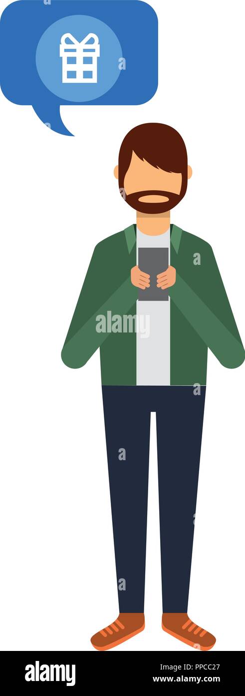 beard man using smartphone gift speech bubble Stock Vector