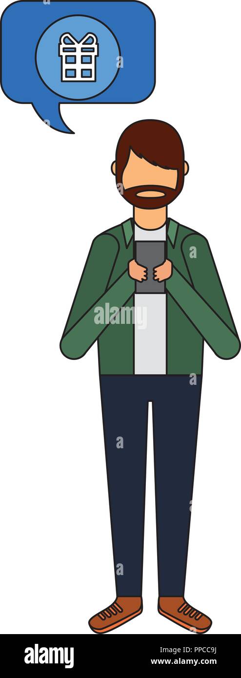 beard man using smartphone gift speech bubble Stock Vector