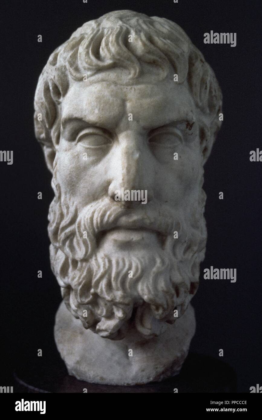 Epicurus (341-270 BC). Ancient Greek philosopher. Bust. Roman copy. 3rd-2nd century. British Museum. London. England. Stock Photo