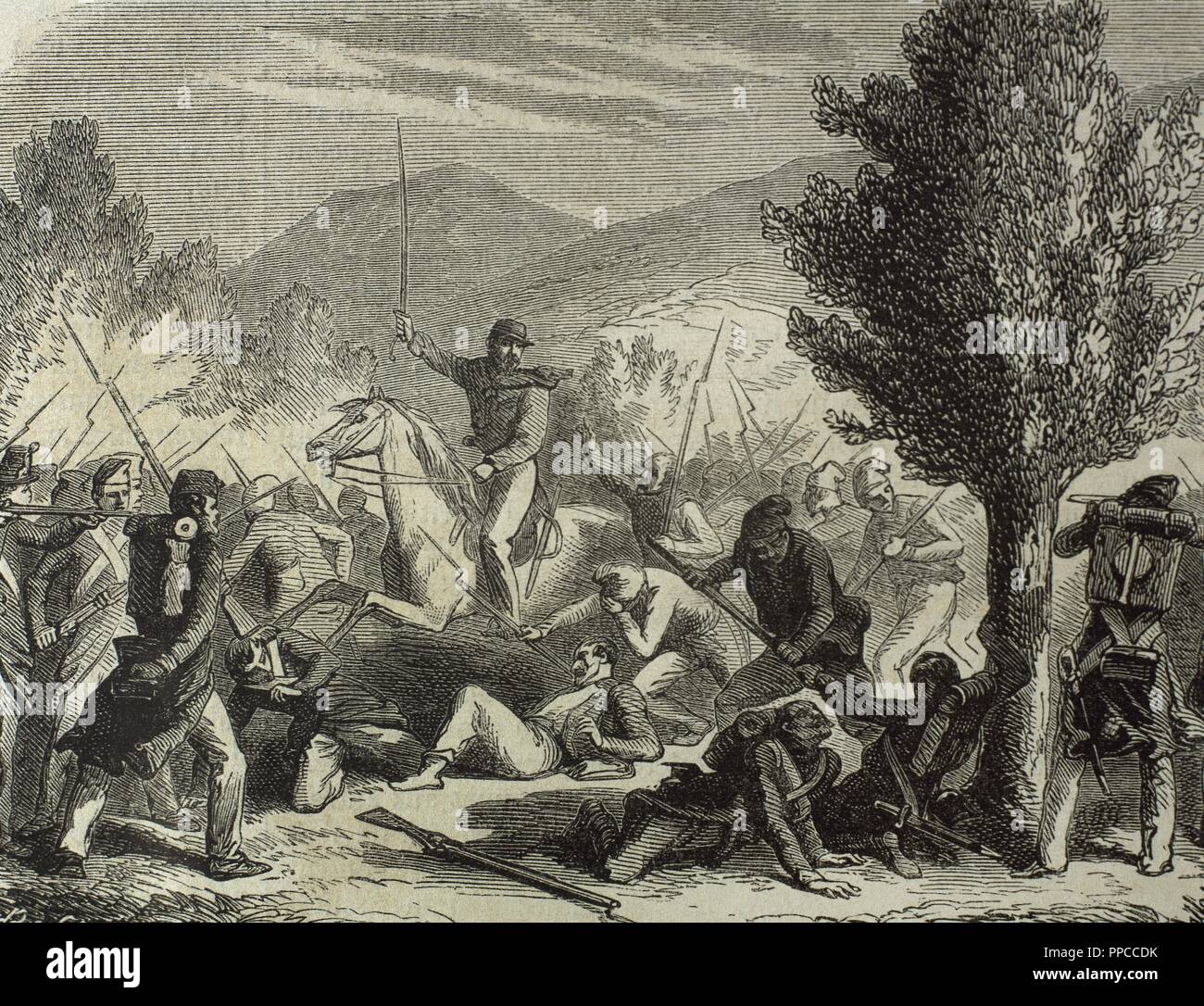Italian unification (1859-1924). The Expedition of the Thousand. The Battle of Volturnus or Volturno (1860) between Giuseppe Garibaldi's volunteers (Red shirts) and Hungarian veterans and the troops of the Kingdom of the Two Sicilies, ruled by the Bourbons.'L'Illustration' (1860). Engraving. Stock Photo
