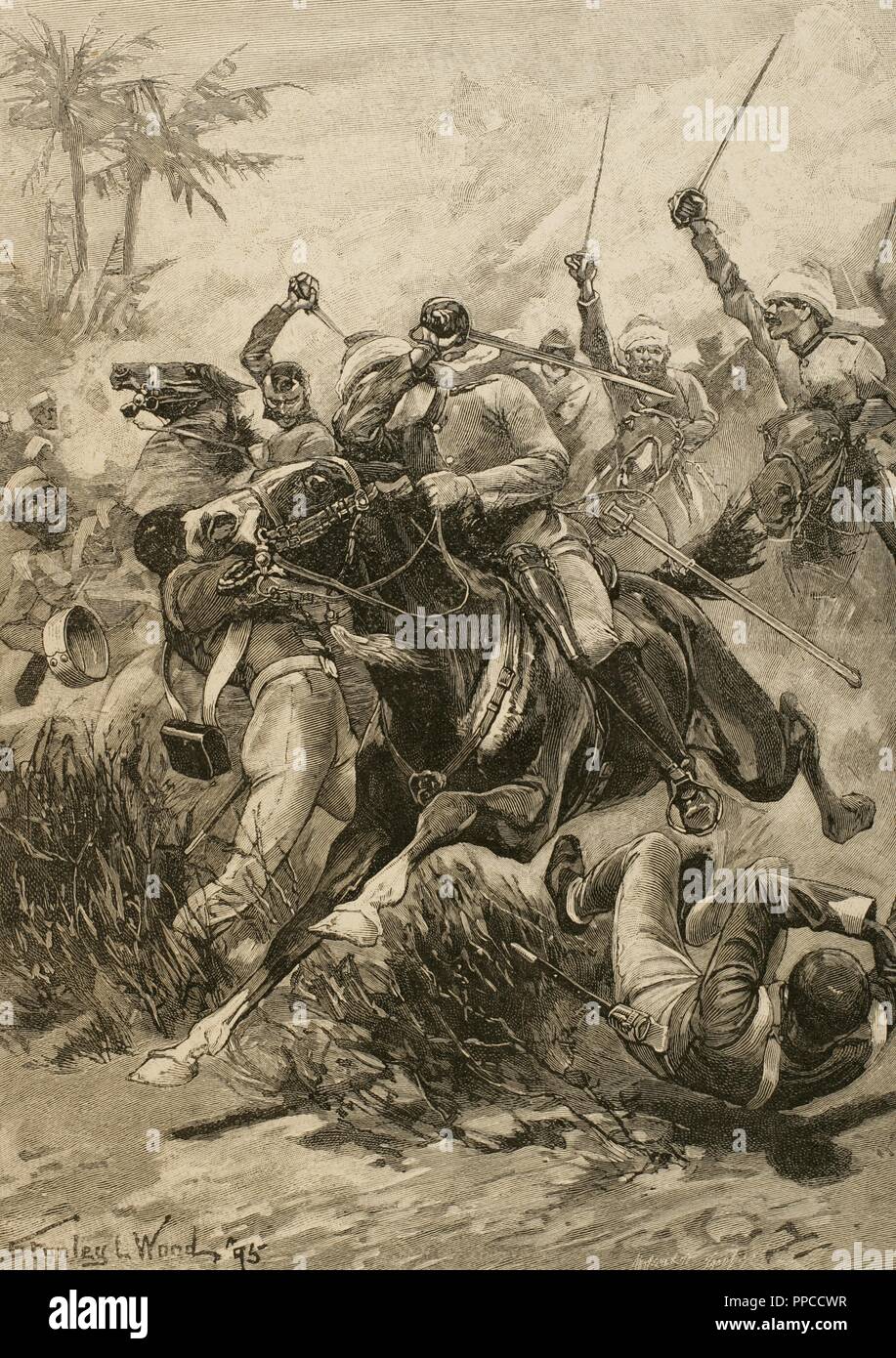 India. Sepoy Rebellion (1857). India revolution that erupted as a reaction against British colonial policy. In 1857 the sepoys revolted and deprived of all authority to the East India Company (1858). Charging the British Cavalry in Lucknow, 1857. Drawing by Stanley L. Wood. Ilustracio n Ibe rica, 1898. Stock Photo