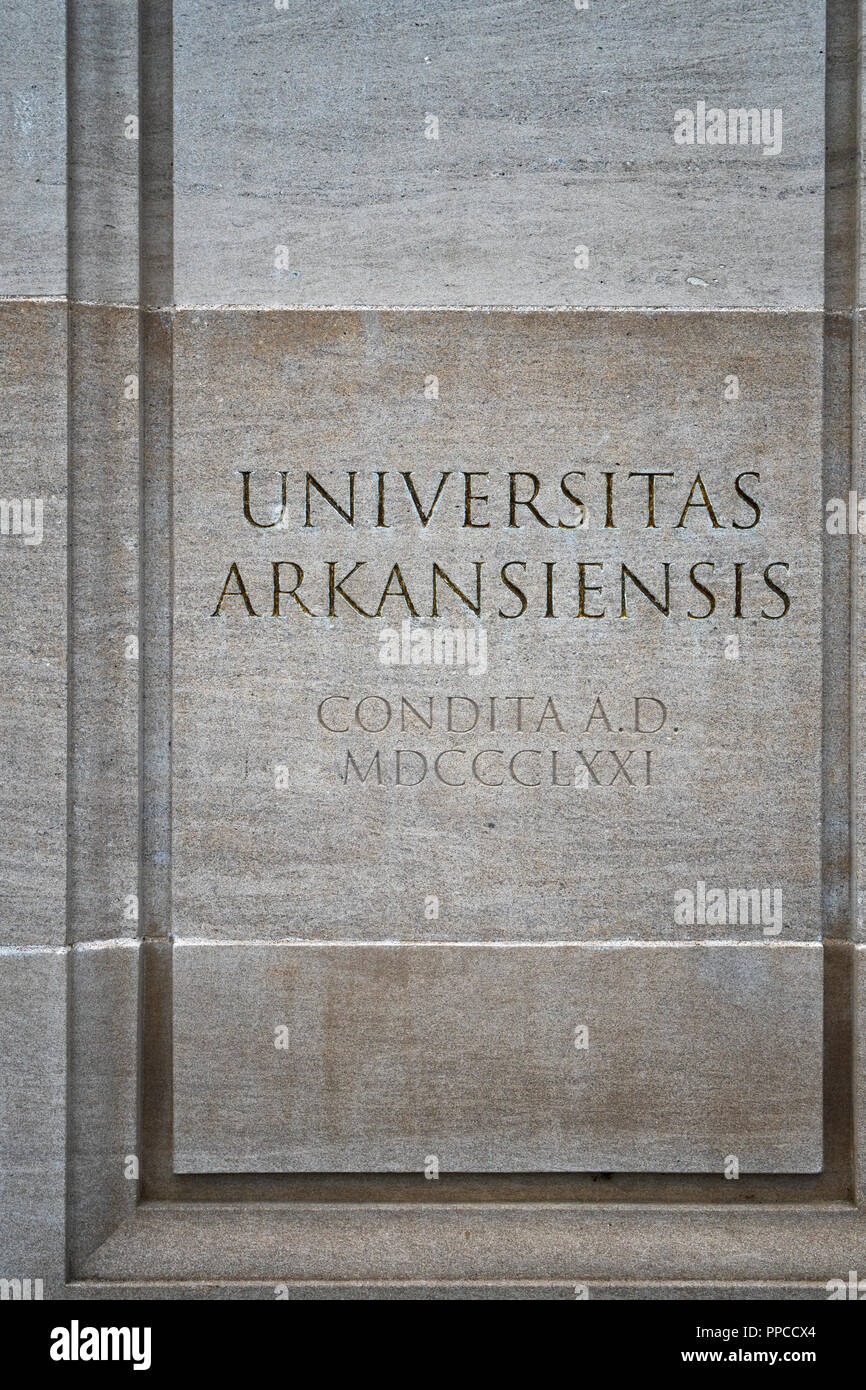 FAYETTEVILLE, AR/USA - JUNE 8, 2018: University logo at entrance to the University of Arkansas. Stock Photo