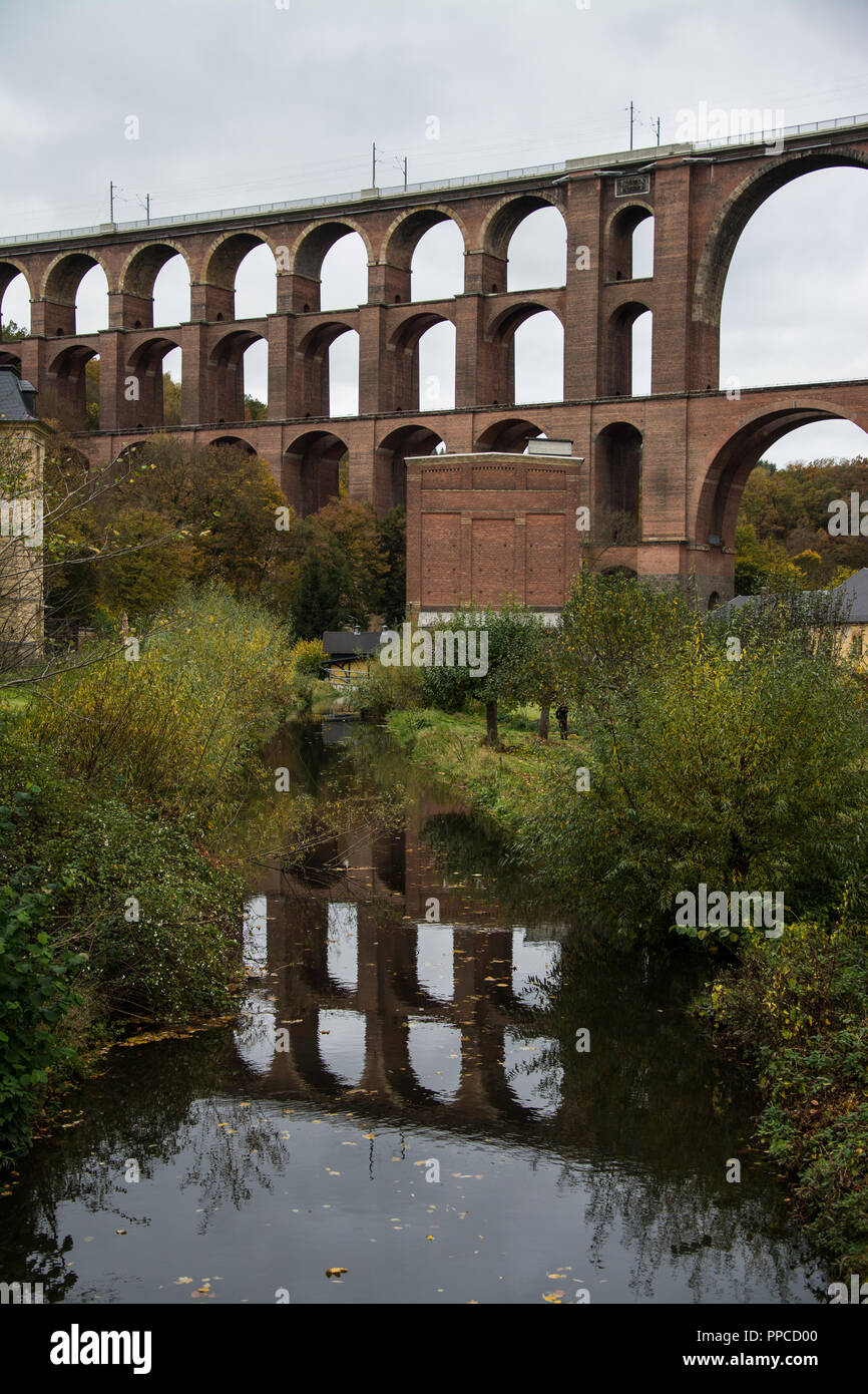 The Goeltzsch Viaduct, German Goeltzschtal bridge, is a railway bridge in Germany. It is the largest brick-built bridge in the world. Stock Photo