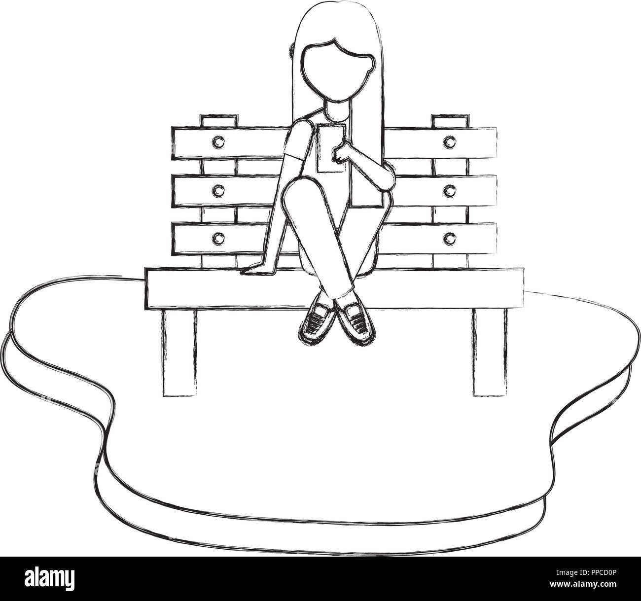 girl using smartphone sitting on bench park Stock Vector