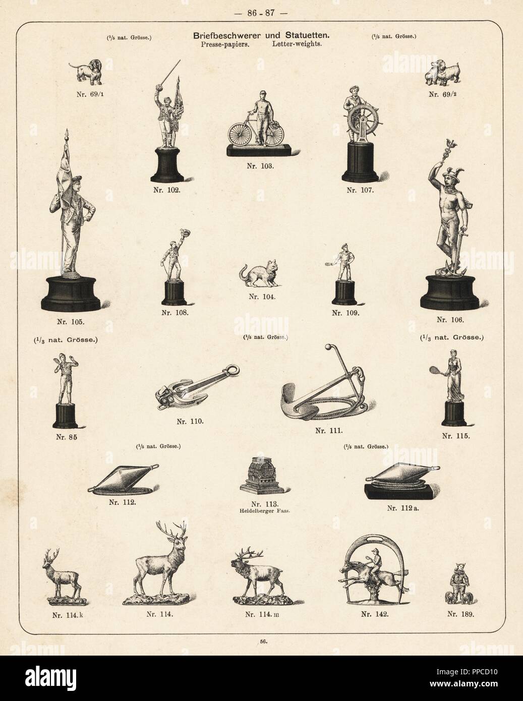 Letter weights and paper weights in the form of sailors, dogs, bicycles, soldiers, tennis players and anchors. Lithograph from a catalog of metal products manufactured by Wuerttemberg Metalware Factory, Geislingen, Germany, 1896. Stock Photo