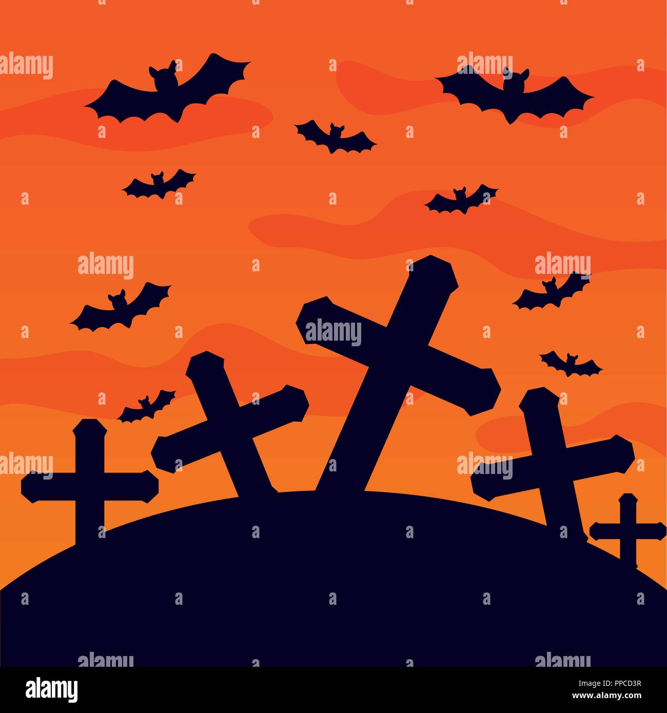 halloween cemetery with bats flying scene Stock Vector Image & Art - Alamy