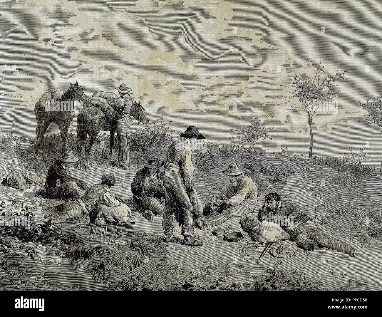 Mowing. Pause. Laborers eating. Engraving. 19th century. Spain. Stock Photo