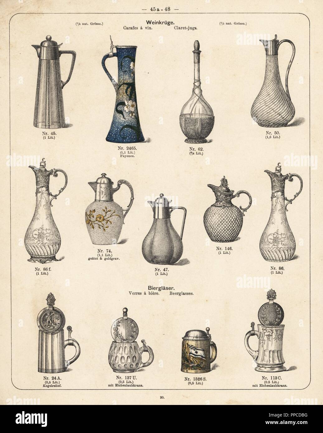 Claret jugs and beer glasses. Lithograph from a catalog of metal