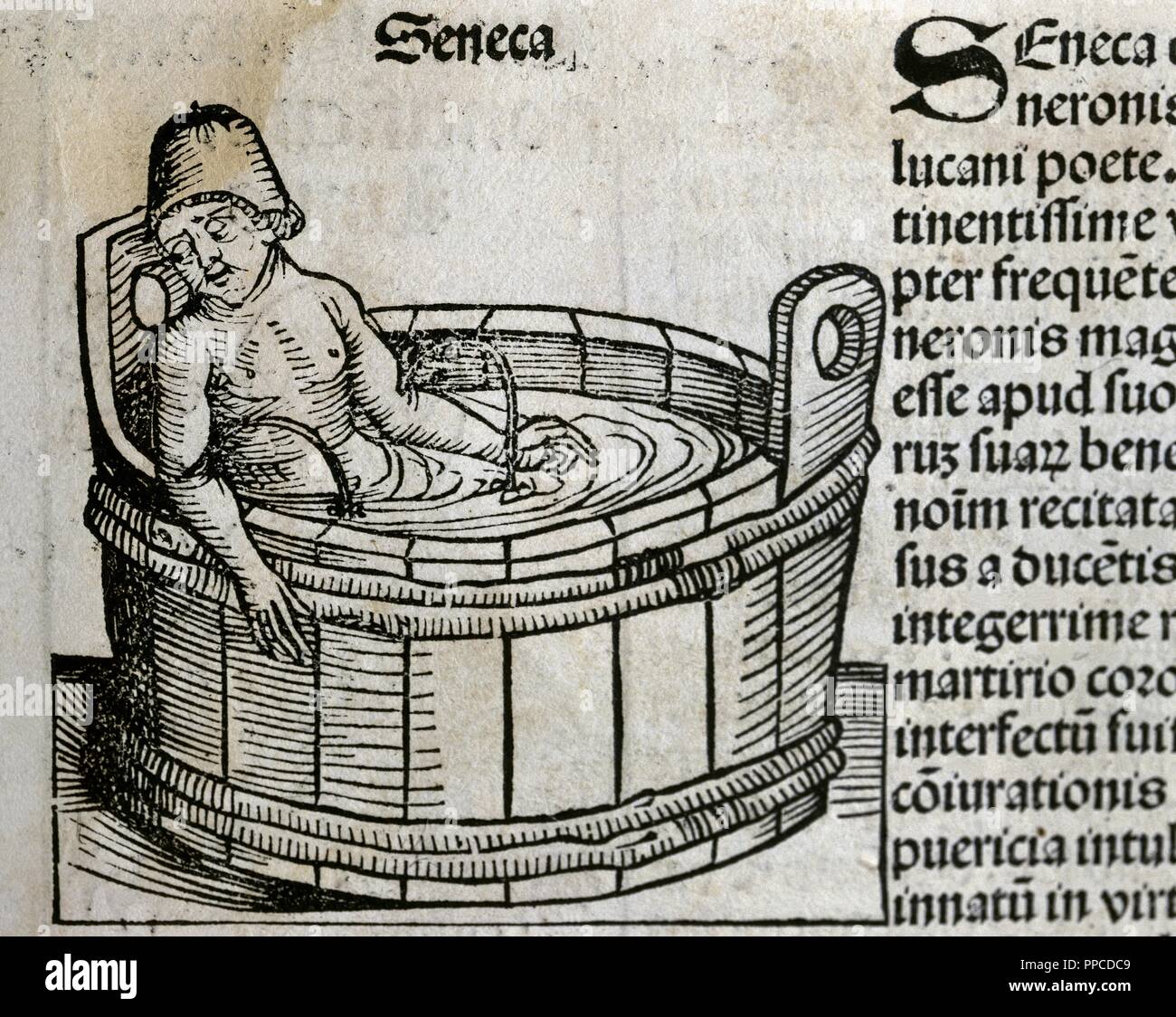 Seneca the Younger (4BC-65AD). Roman Stoic philosopher. Suicide. Engraving by Hatman at Liber Chronicarum. 15th century. Stock Photo