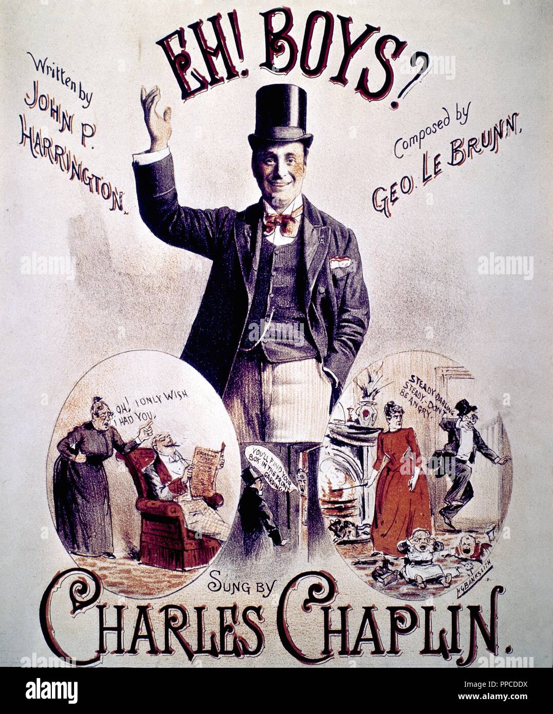 Charles Chaplin como protagonista de la película 'Eh! Boys?'; cartel. Museum: COLECCION PARTICULAR/. Stock Photo