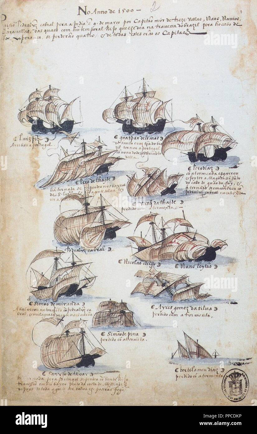 The fleet of Pedro Álvares Cabral in 1500. From Livro das Armadas. Museum: Academia das Ciências de Lisboa. Author: ANONYMOUS. Stock Photo
