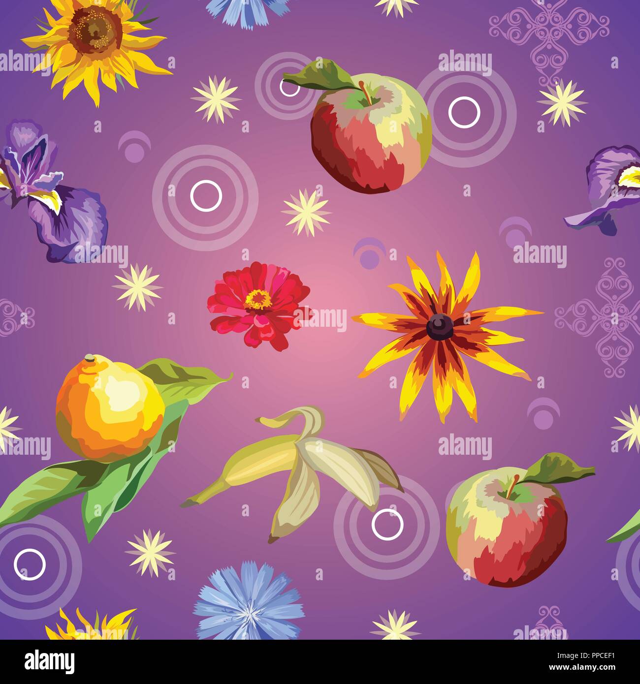 Vector colorful illustration. Seamless pattern with flowers and fruits lemon, banana, apple, sunflower, , isolated on purple gradient background with  Stock Vector