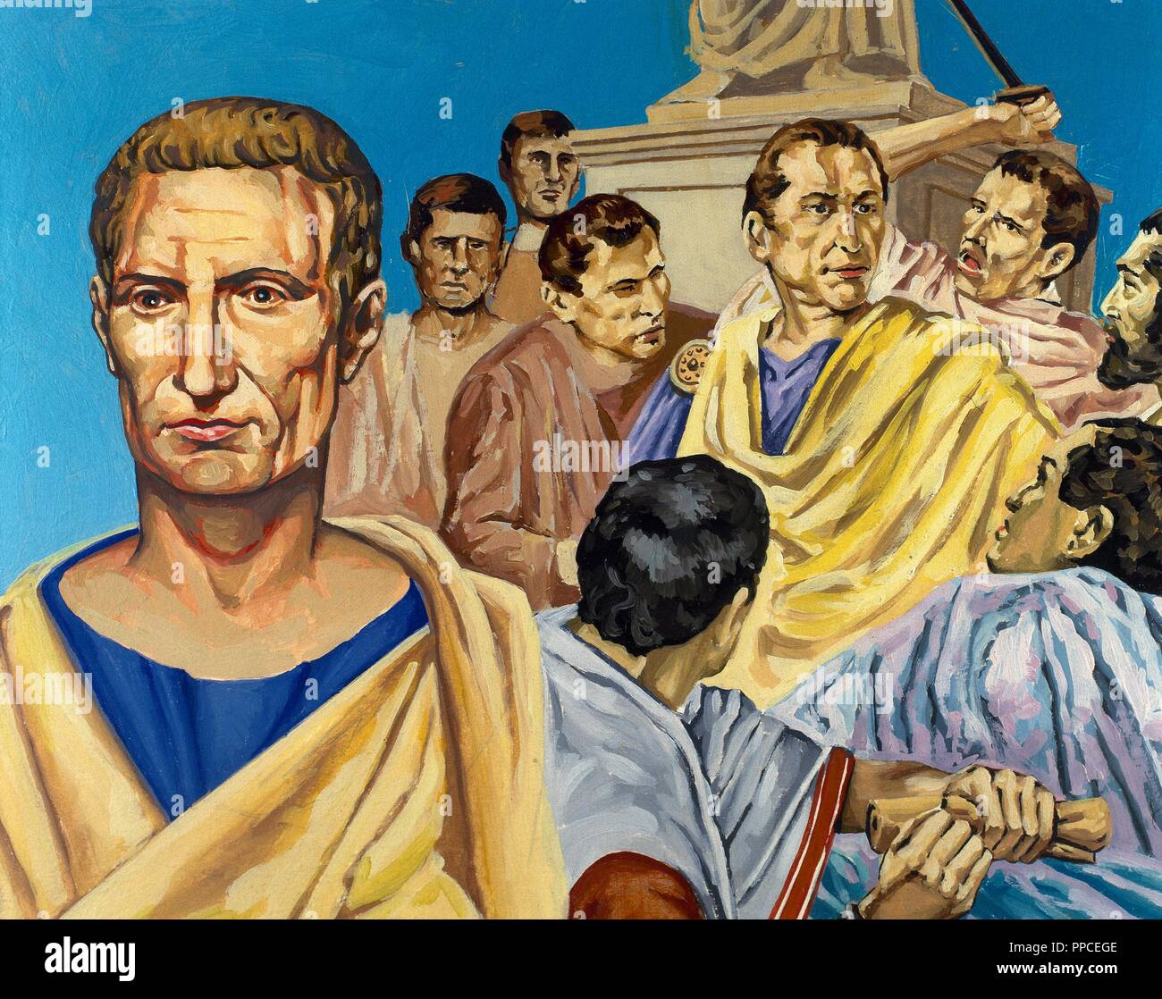 Julius Caesar (100-44 BC). Roman politician and General. Murder of Caesar victim of a republican conspiracy. Drawing by Francisco Fonollosa, late 20th century. Watercolour painting. Stock Photo
