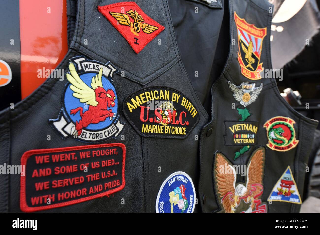 A rememberance vest is on display during the Yuba-Sutter Stand Down Aug. 24, 2018, in Marysville, California. The Stand Down gives local veterans and their families the opportunity to seek services, such as dental, veteran benifits and social security, in a sigle location. Stock Photo