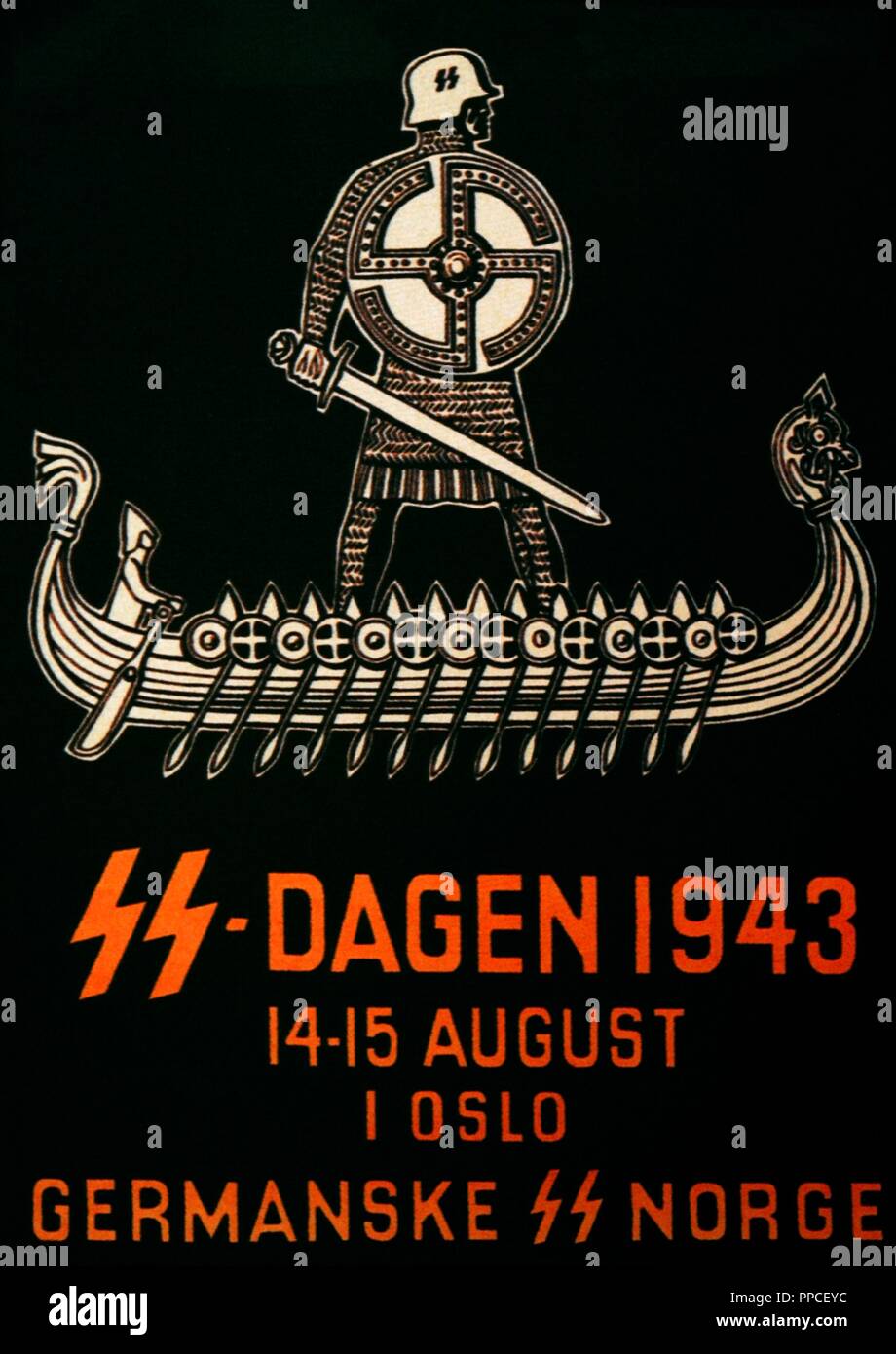 World War II (1939-1945). Nazism. Waffen-SS propaganda to recruit Norwegian men during the German occupation of Norway. Use the myth of the mighty Viking for your goal. Stock Photo