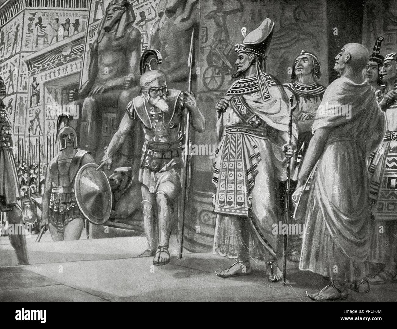 Agesilaus II (c. 444- c. 360 B.C.), king of Sparta (400-360 B.C.), and the Athenian general Chabrias with mercenaries come into help the king Nectanebo I and his regent Teos against the Persians in 361 B.C. Engraving. Stock Photo