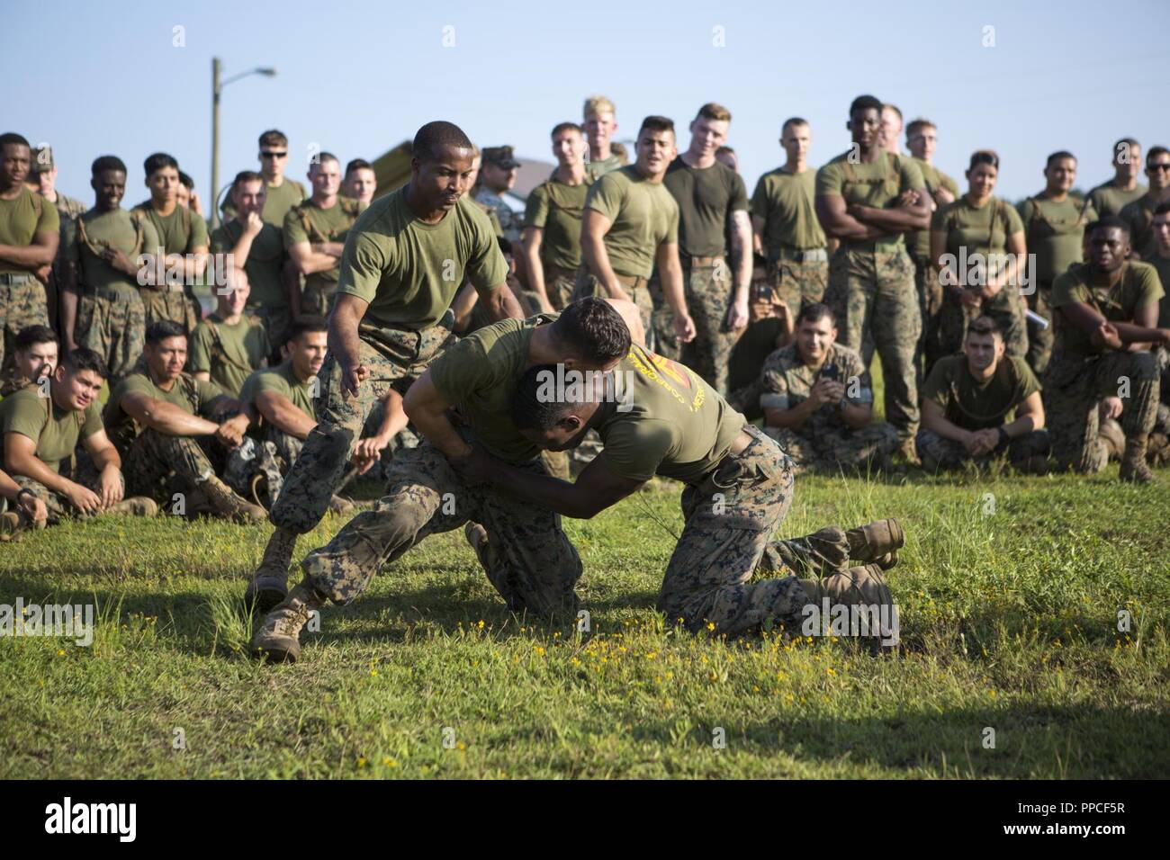 U.S. Marines with Marine Wing Communications Squadron (MWCS) 28, compete in a ground fighting competition during the Spartan Cup at Marine Corps Air Station Cherry Point, N.C., Aug. 17, 2018. MWCS-28 conducts a semiannual Spartan Cup to raise moral and improve unit cohesion. MWCS-28 is with Marine Air Control Group 28, 2nd Marine Aircraft Wing. Stock Photo