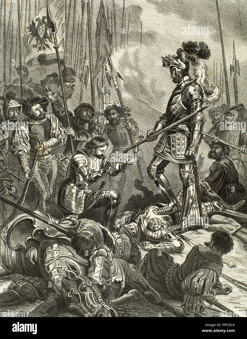 The battle of Pavia. Held on February 24, 1525 between the French army under King Francis I (1494-1547) and German-Spanish troops of Emperor Charles V (1500-1558), who won the battle. Francis I of France made prisoner after his defeat. Engraving. Stock Photo