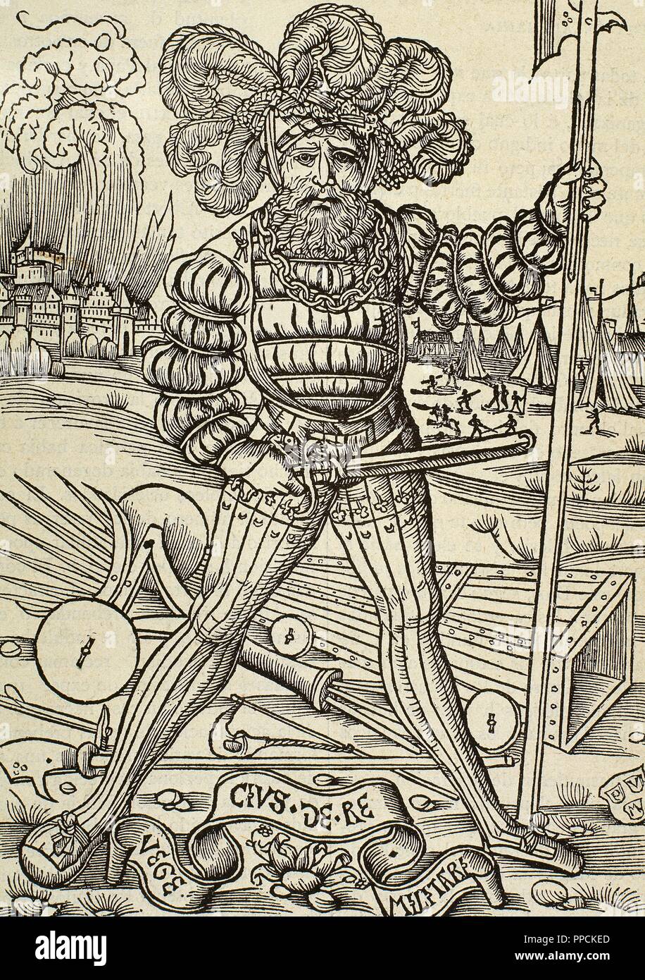German mercenary soldier. Early 16th century. Wood engraving. Facsimile. 'Historia Universal', 1886. Stock Photo
