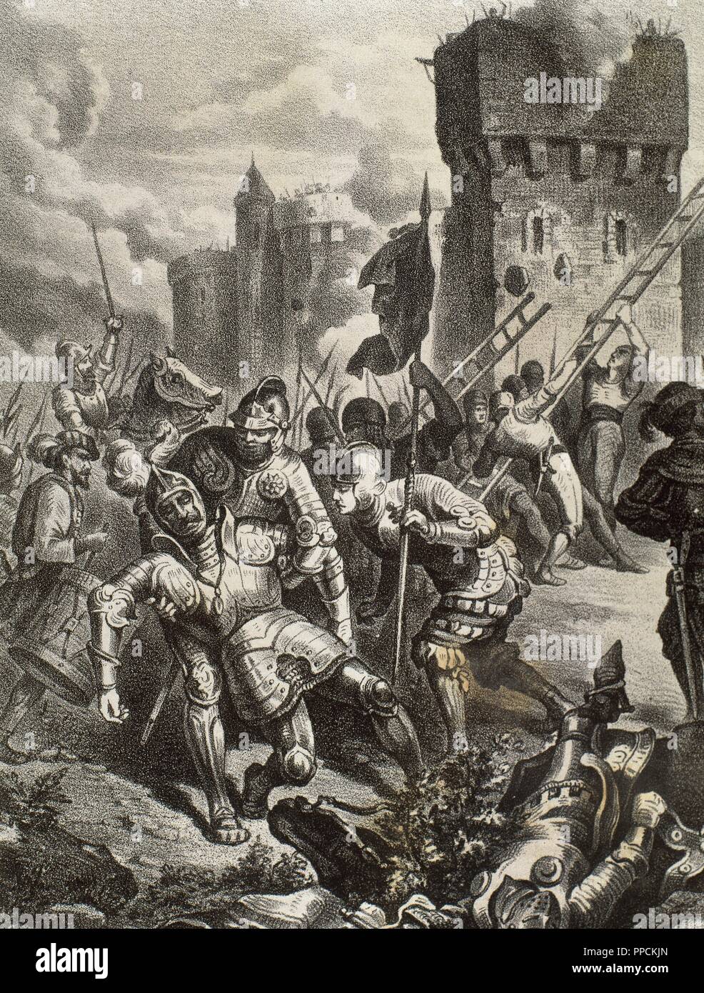 War of the League of Cognac (1526-1530). Sack of Rome on 6 May, 1527. Military event carried out by the troops of Holy Roman emperor Charles V (1500-1558). Charles III, Duke of Bourbon (1490-1527) and Constable of France, was in command of the imperial soldiers. His troops took the city and sacked it. Death of the Constable in the assault to Rome. Engraving. Stock Photo