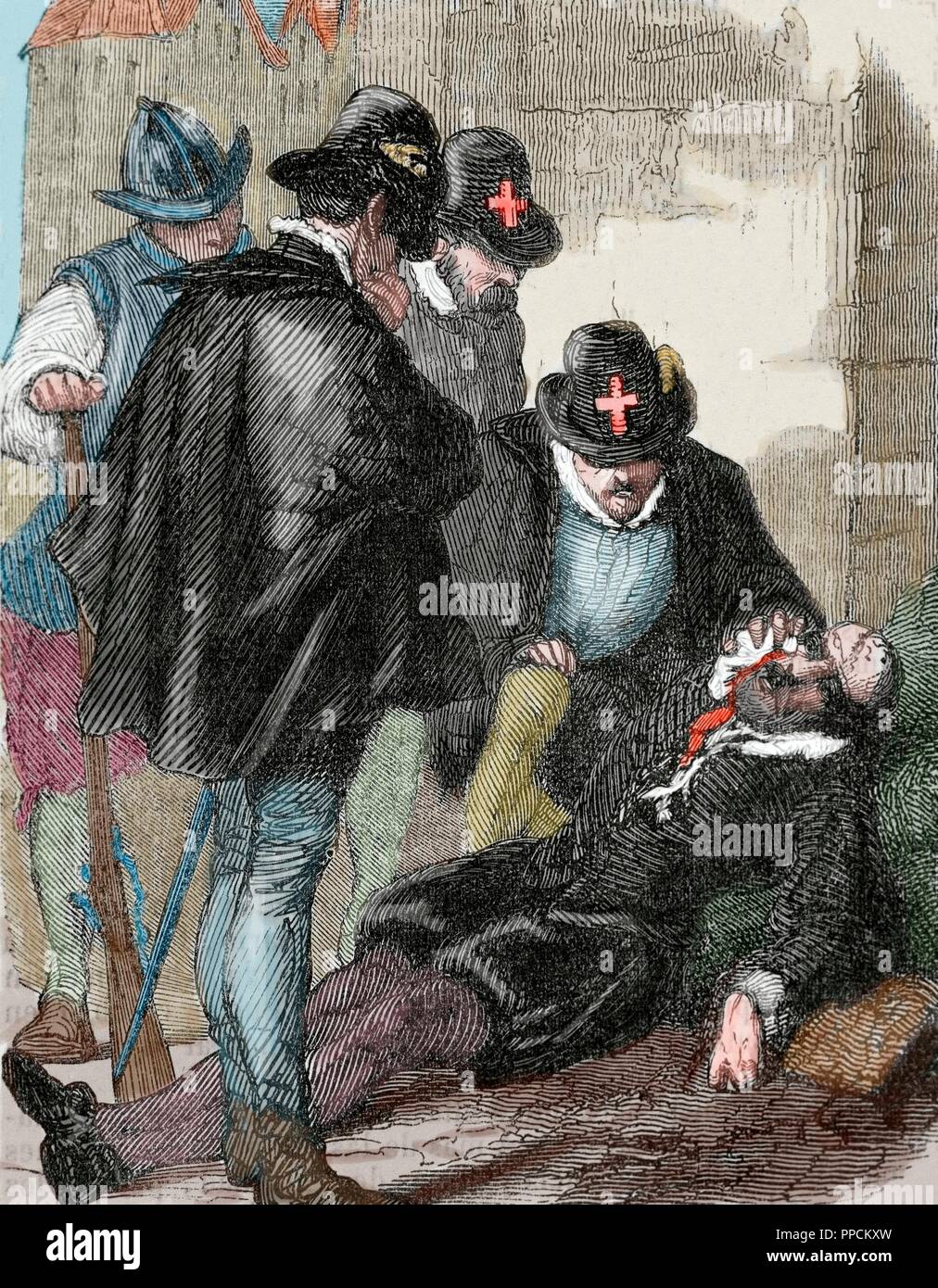 Gaspard II de Coligny (1519-1572). Huguenot leader in the French Wars of Religion. Assassination of admiral de Coligny. 1572. St. Bartholomew's Day massacre. Engraving. Colored. Stock Photo