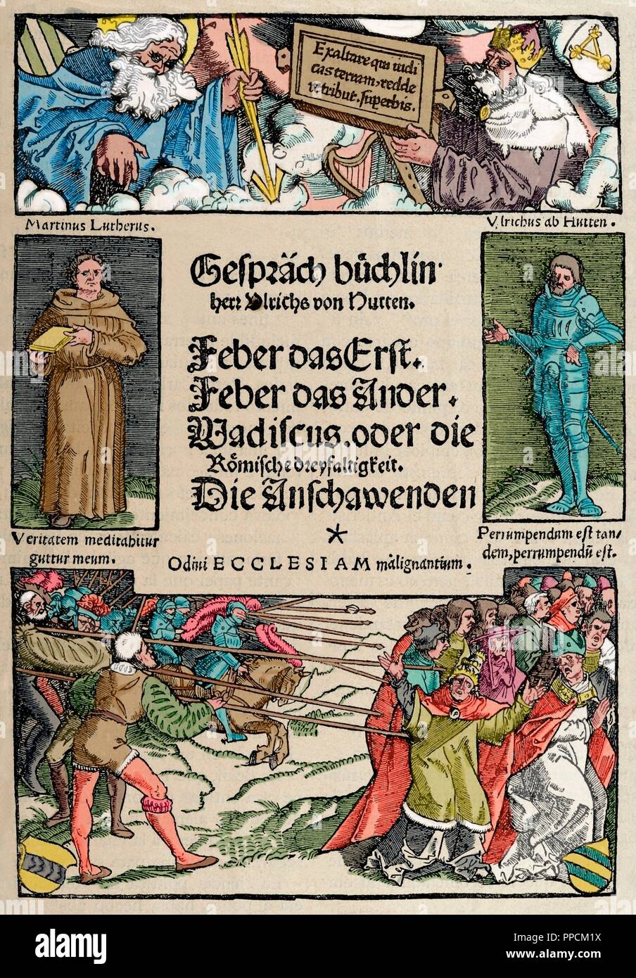 Ulrich von Hutten (1488-1523). German writer and theologian. Booklet of Conversations. Cover. Facsimile. Engraving in The History of Germany, 1882. Colored. Stock Photo