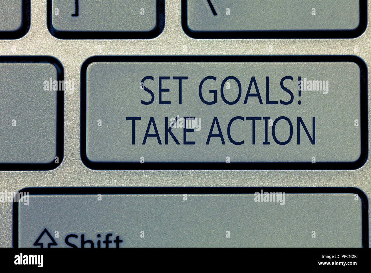 Writing note showing Set Goals Take Action. Business photo showcasing Act on a specific and clearly laid out plans. Stock Photo