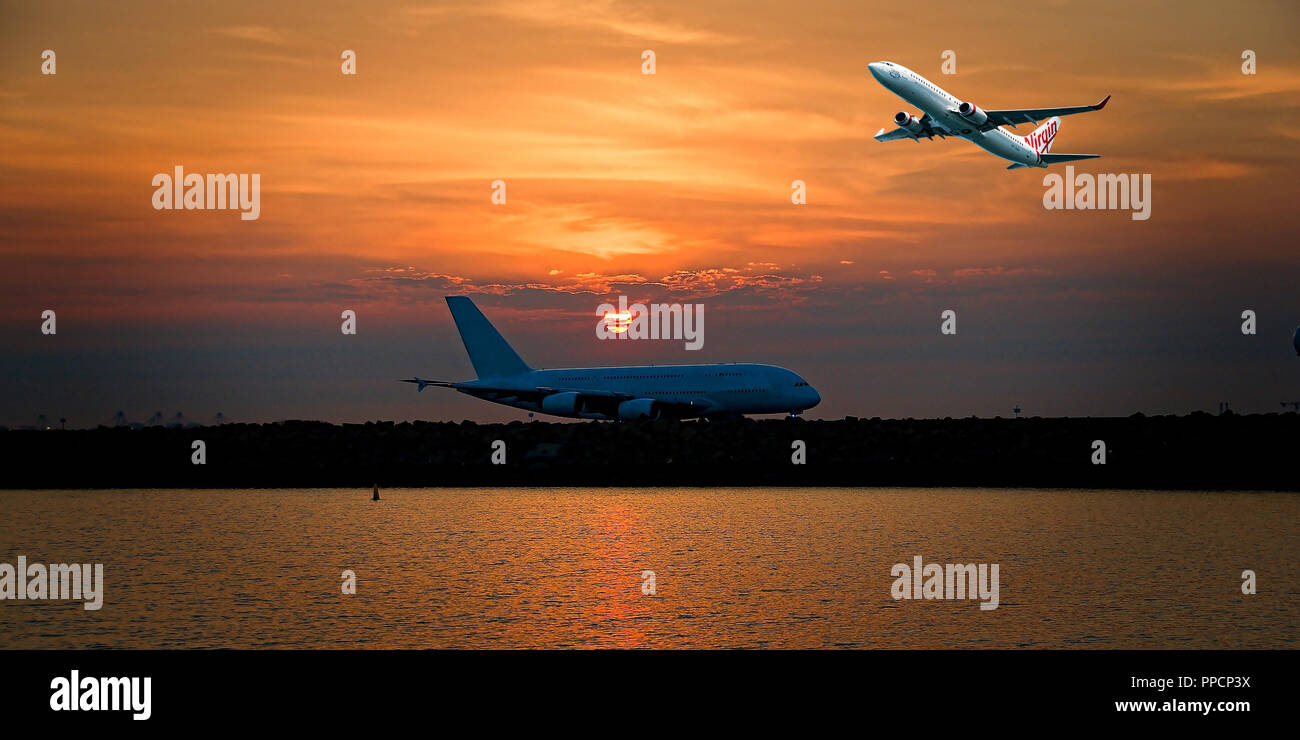 Sydney, New South Wales, Australia - August 1. 2014: Virgin Airlines commercial passenger jet departing Sir Kingsford Smith Airport Mascott, at sunset Stock Photo