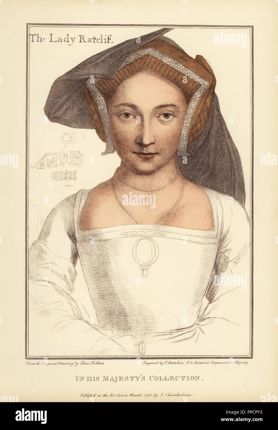 The Lady Ratclif, wife of Robert, 1st Earl of Sussex of the Ratcliffes. Probably the erudite Mary Arundell (d.1557), only child of Sir John Arundell of Cornwall. Handcoloured copperplate engraving by Francis Bartolozzi after Hans Holbein from Facsimiles of Original Drawings by Hans Holbein, Hamilton, Adams, London, 1884. Stock Photo
