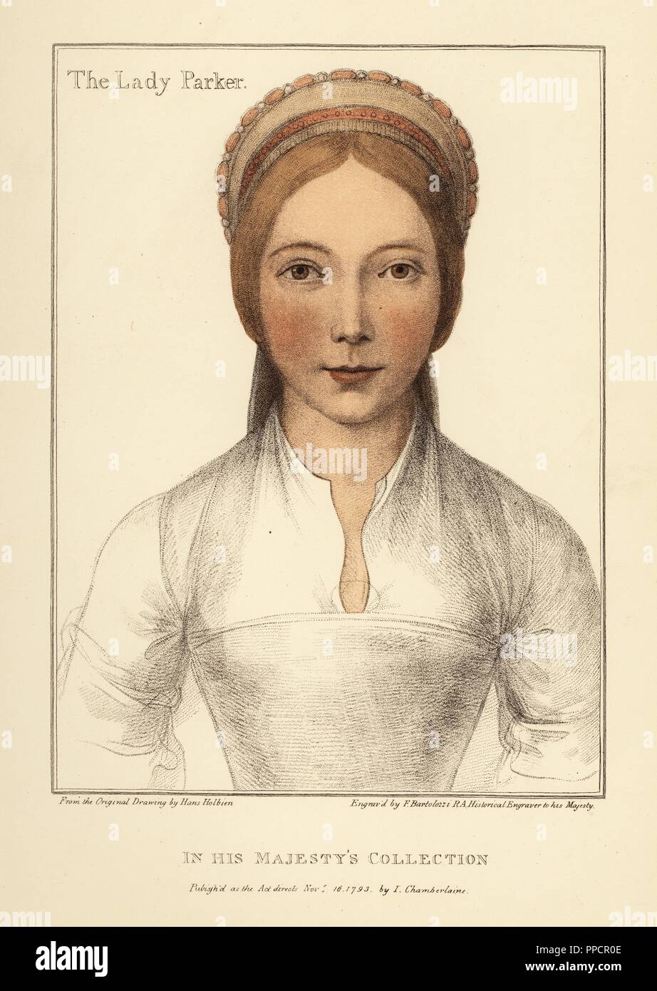 Elizabeth Calthorpe, Lady Parker, wife of Sir Henry Parker. Also identified as Lady Grace Parker and Jane Parker, sister-in-law to Anne Boleyn. Handcoloured copperplate engraving by Francis Bartolozzi after Hans Holbein from Facsimiles of Original Drawings by Hans Holbein, Hamilton, Adams, London, 1884. Stock Photo